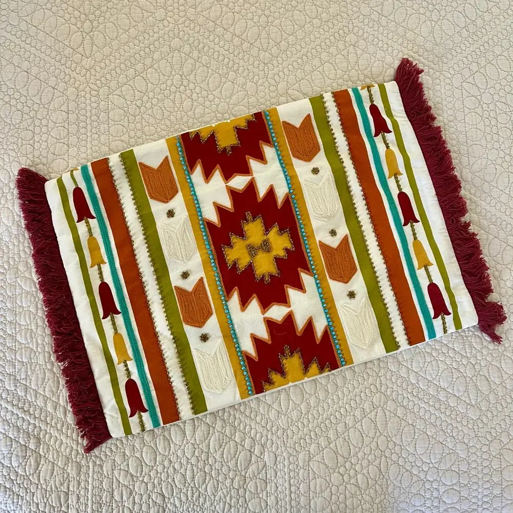 Southwestern Western Lumbar Pillow Cover 20x14 Embroidered Fringe Beaded Cotton